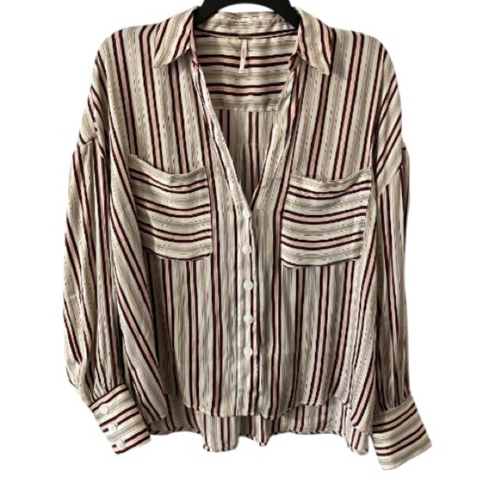 FREE PEOPLE Button Down Top, Geo, Sz S, Petite, Neutral​​, Geometric, Preppy